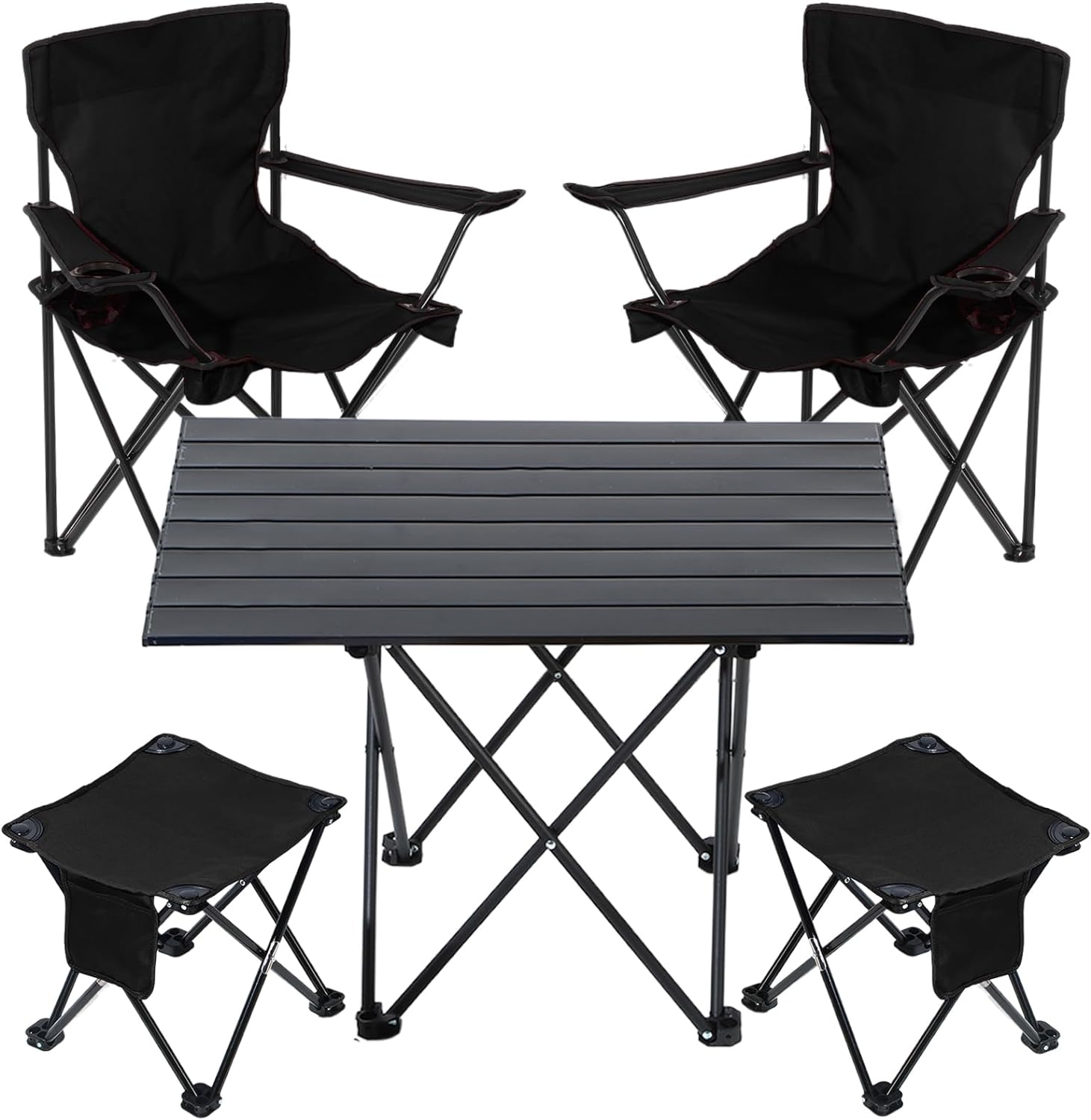 Folding Camping Table and Chair Set of 5, Portable Camp Chairs Lawn Chair, Lightweight Camp Table, Foldable Camping Stool with Cup Holder Carrying Bag for Beach BBQ Sport Hiking Fishing (Black)