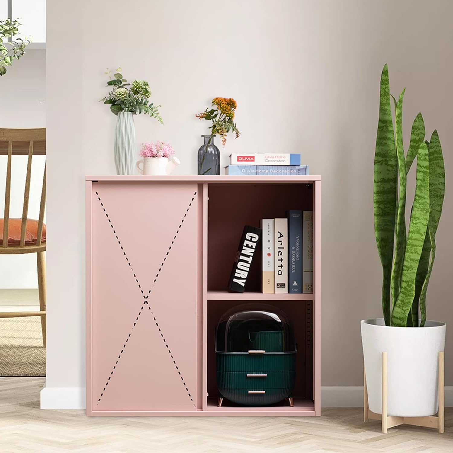 HollyHOME Buffet Cabinet with Storage Hallway Entryway Table with Doors Mirror Accent Cabinet for Living Room, Coffee Bar Kitchen Buffet, Accent Storage for Office, Pink.