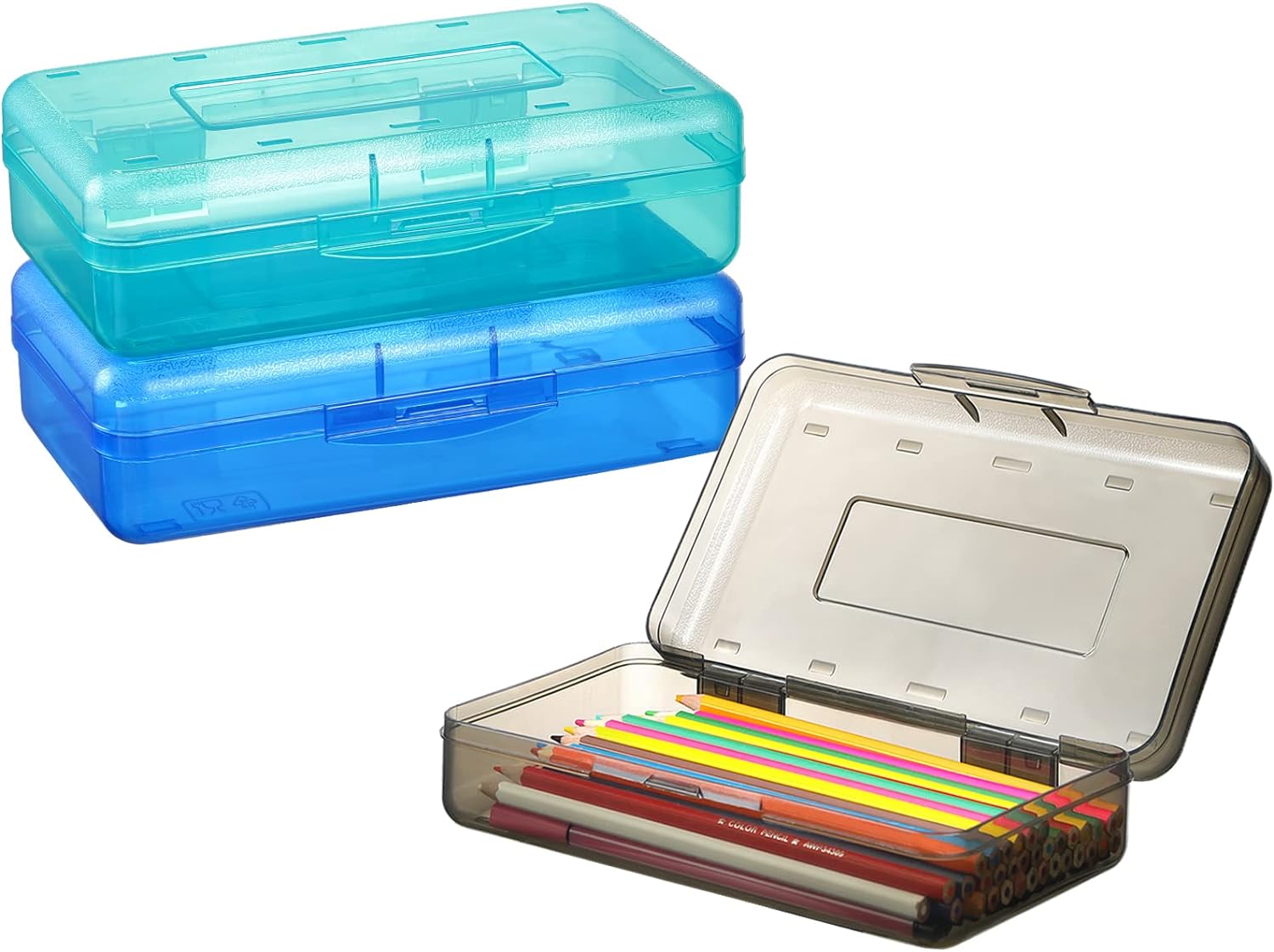 Sooez 3pcs Pencil Box, Plastic School Supply Box, Large Storage Box, Stackable Clear Design for Kids, 8.2x4.6x2.3 inches