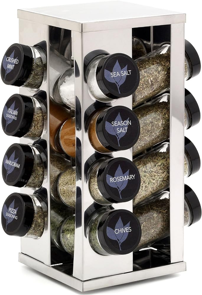 Kamenstein 16 Jar Heritage Revolving Countertop Spice Rack Organizer with Spices Included, FREE Spice Refills for 5 years, Brushed Stainless Steel with Black Caps