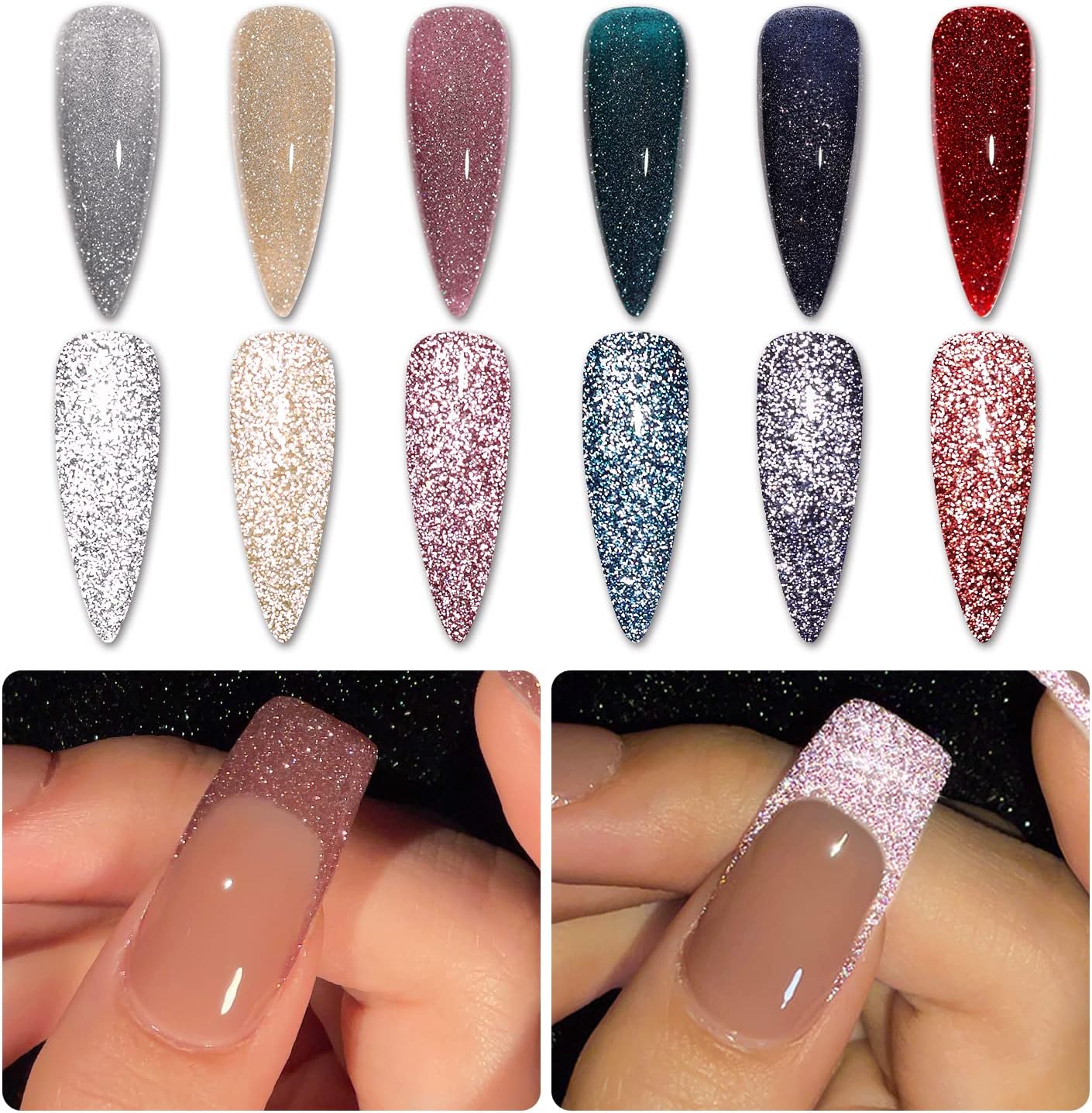 GAOY Reflective Glitter Gel Nail Polish Set of 6 Colors Including Pink Red Silver Holographic Gel Polish Kit UV LED Soak Off Nail Polish Home DIY Manicure Nail Salon Varnish