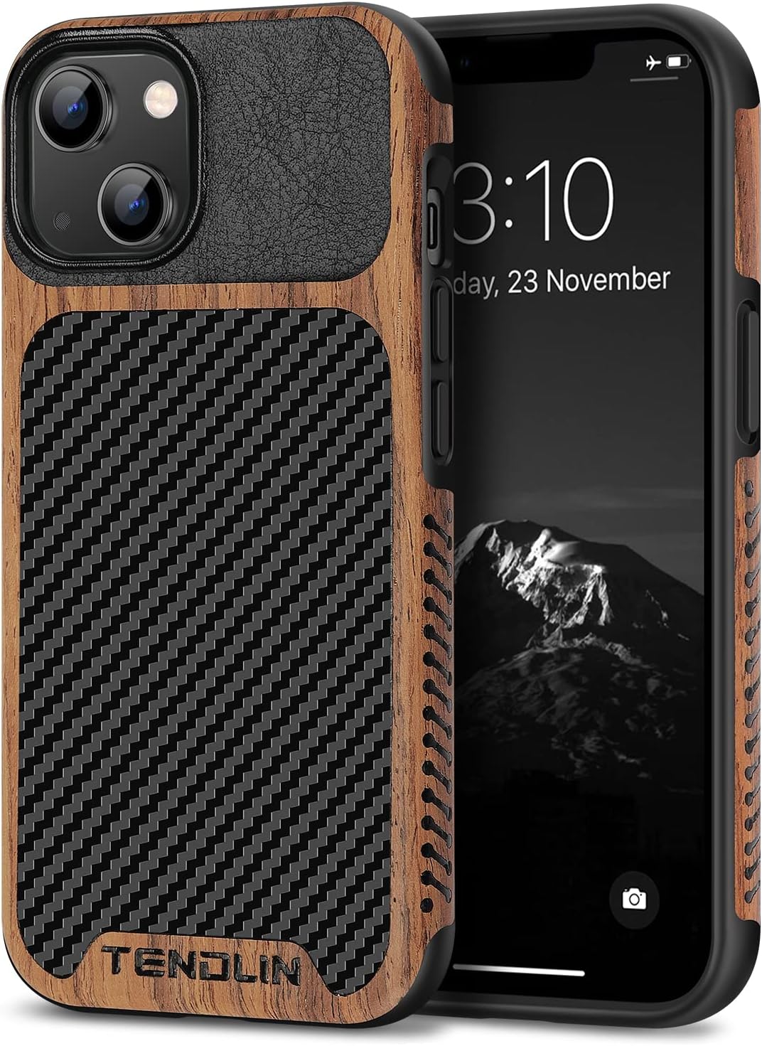 TENDLIN Compatible with iPhone 14 Case Wood Grain with Carbon Fiber Texture Design Leather Hybrid Slim Case Black