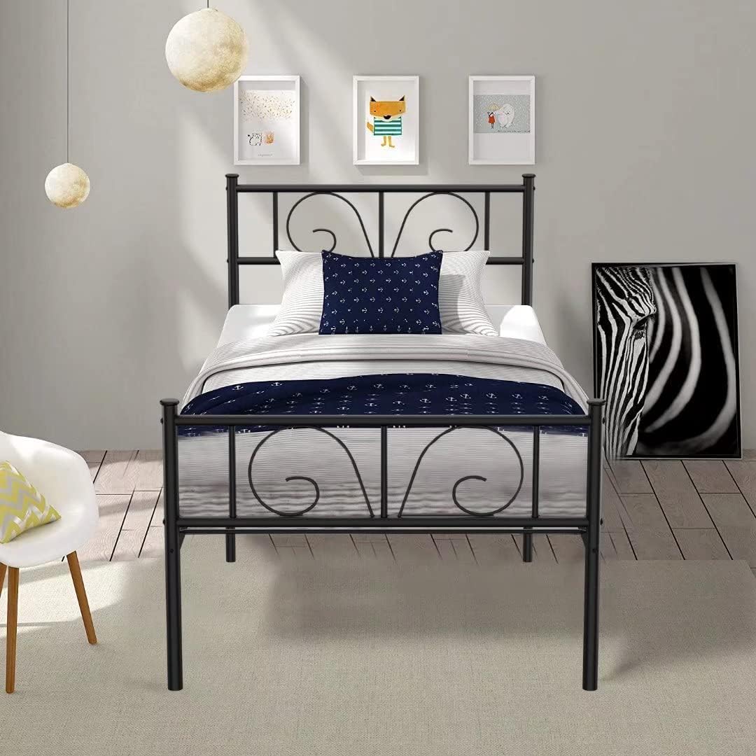 Twin Bed Frames Black for Boys Teenagers Adult, Single Platform Steel Bed Frame with Storage Girls Twin Size Beds Mattress Foundation Metal Slats Support with Headboard Footboard No Box Spring Needed