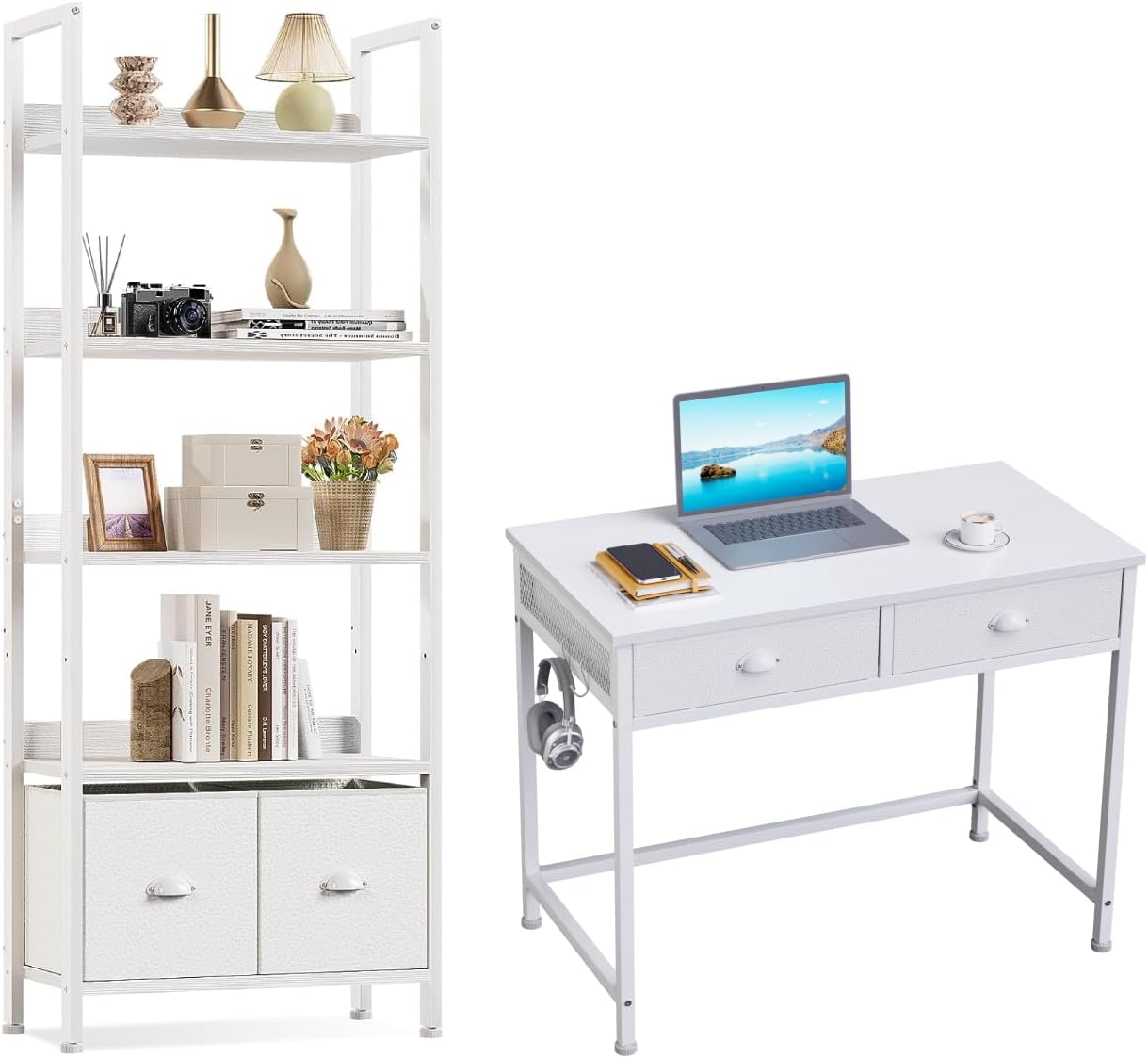 Furologee+5+Tier+Bookshelf+with+Drawers%2c+White+Small+Computer+Desk+with+2+Fabric+Drawers%2c+White+Tall+Bookcase+with+Shelves%2c+Wood+and+Metal+Book+Shelf+Storage+Organizer%2c+Simple+Makeup+Dressing+Table