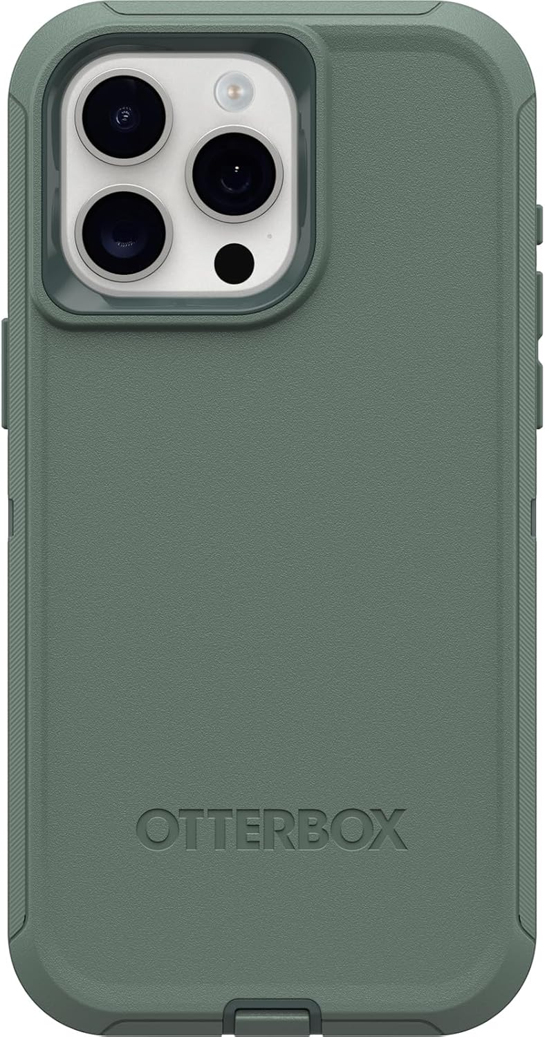 OtterBox iPhone 15 Pro MAX (Only) Defender Series Case - FOREST RANGER (Green), screenless, rugged & durable, with port protection, includes holster clip kickstand