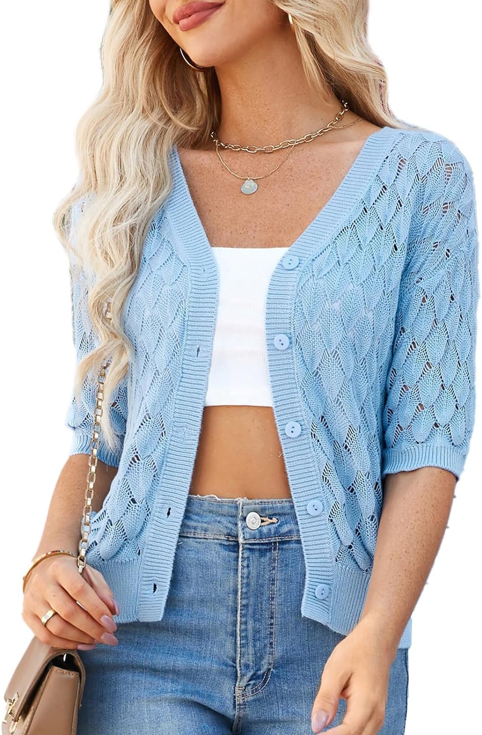 GRACE KARIN Women' Summer Short Sleeve Cropped Cardigan Sweaters Crochet Knit Shrug Open Front V-Neck Button up Tops