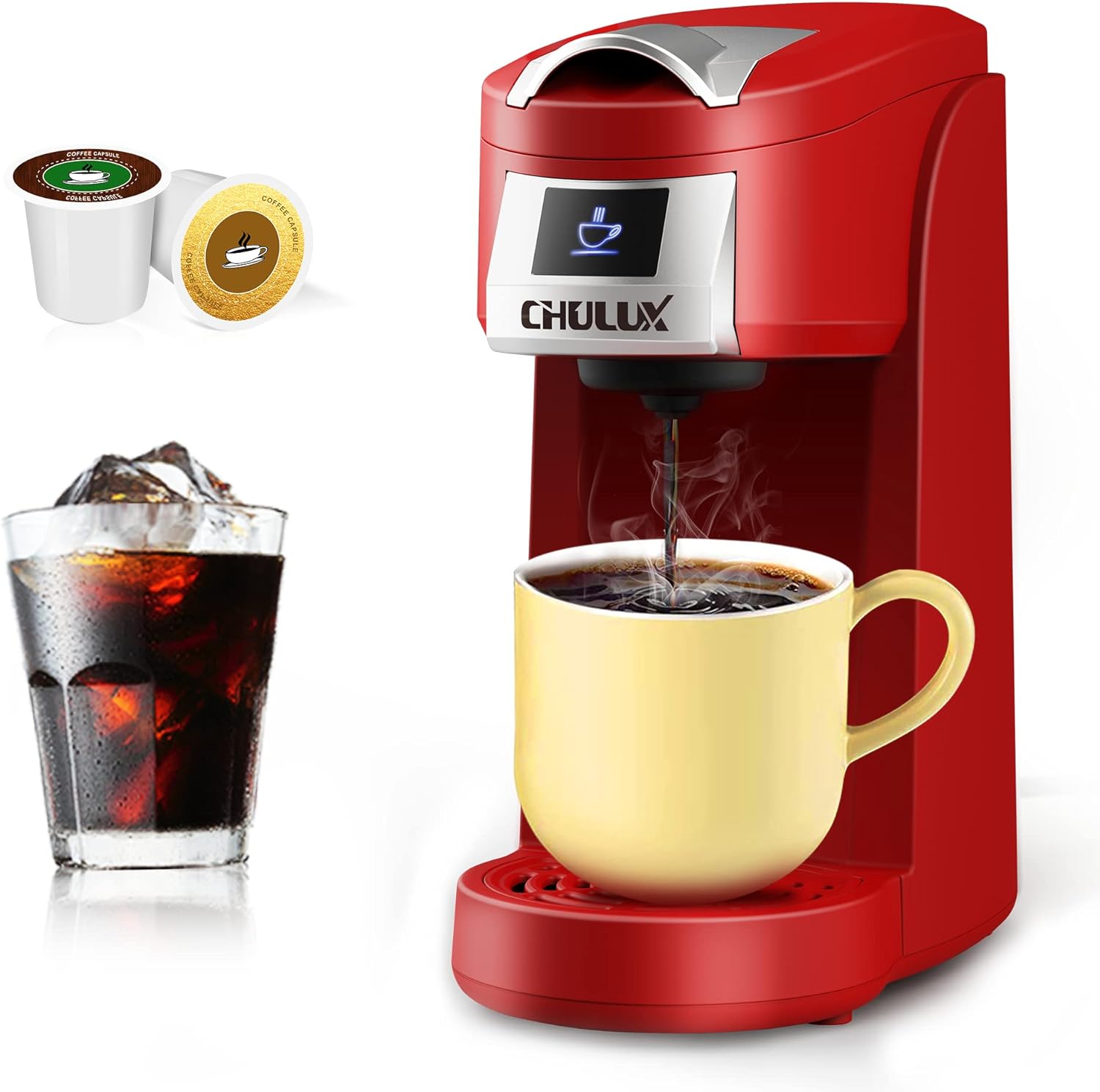 CHULUX Single Serve Coffee Maker, Red Single Cup Coffee Machine for K Cup & Ground Coffee, 5 to 12oz Brew Sizes in Mins for Home, Office, Travel, Kitchen