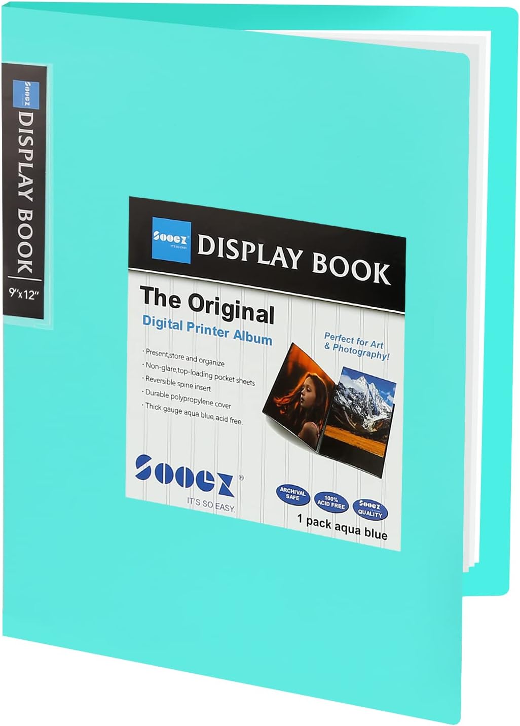 Sooez 30-Pocket Binder with Plastic Sleeves 9x12 (Aqua), Heavy Duty Art Portfolio Folder with Clear Sheet Protectors, Display 60 Pages, Presentation Book for Artwork, Document Organizer Binder