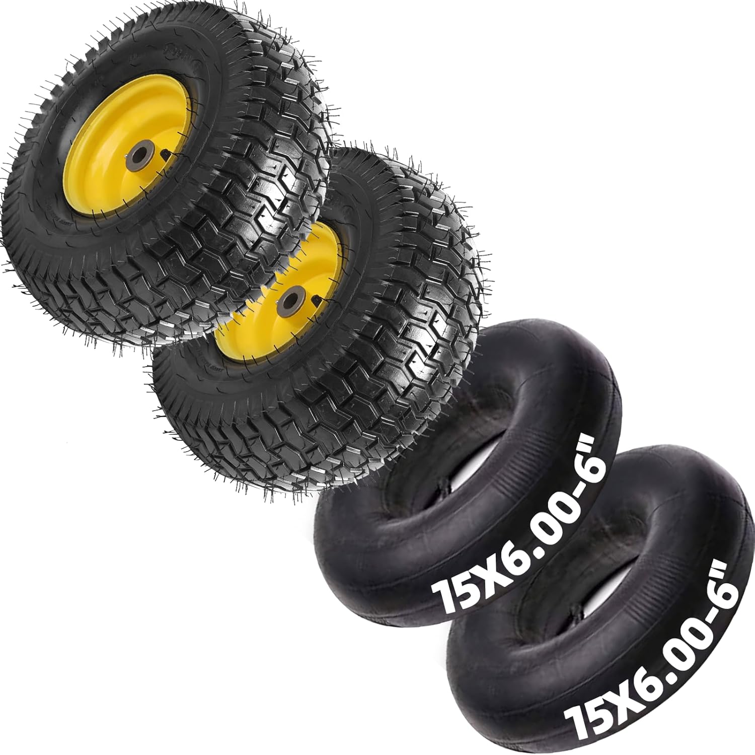 AR-PRO 15 x 6.00-6 Front Tire and Wheel Set with Inner Tube (Set of 2), Compatible with John Deere Riding Mowers, 3 Centered Hub and 3/4 Bushings