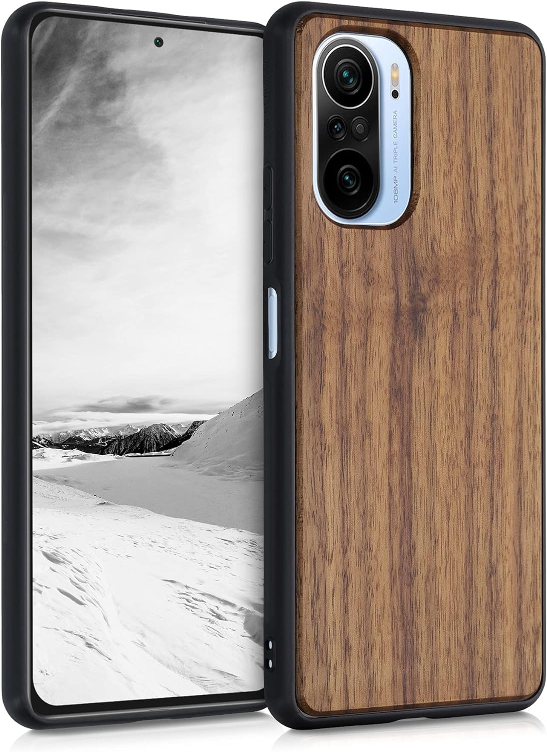 kwmobile Real Wood Case Compatible with Xiaomi Mi 11i / Poco F3 Case - Hard Wooden Cover w/TPU Bumper - Dark Brown