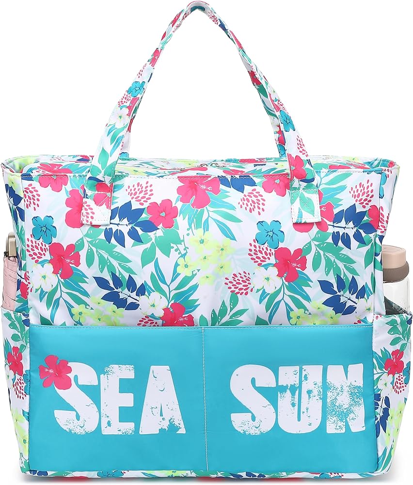 This bag is cute--had numerous compliments.  This bag is waterproof!  This bag has 4 pockets on the outside, perfect for water bottles and sunscreen.  There are 3 more pockets inside--2 on one side and 1 large pocket that has a zipper.  The bag has a zipper on top to close for added security at the beach, pool, or waterpark!