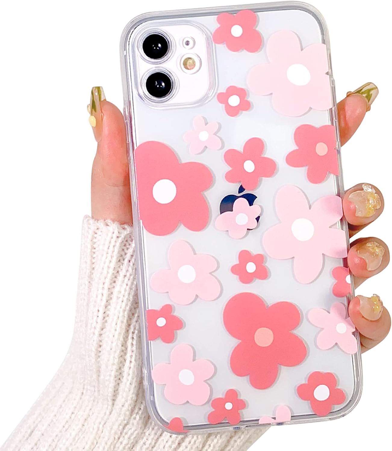 Compatible for iPhone 12 Case Cute Clear Flower Floral Color Design for Girls Women Soft TPU Shockproof Protective Girly for iPhone 12-Pink Flower