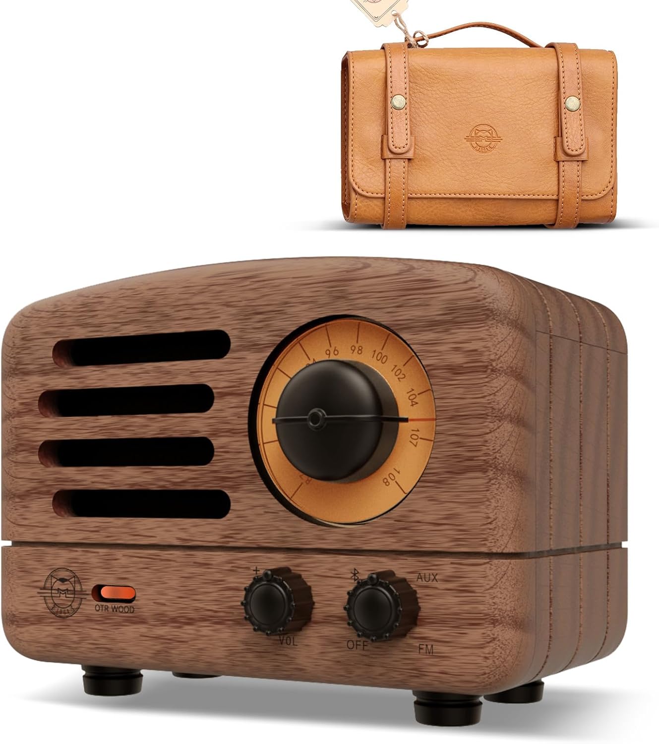 Muzen Portable Bluetooth Speaker, OTR Wood Vintage Small Wireless Speaker, FM Radio with Antenna AUX, 10h+ Long Playtime, High Fidelity Stereo Audio with Suitcase, for Gift Home Picnic