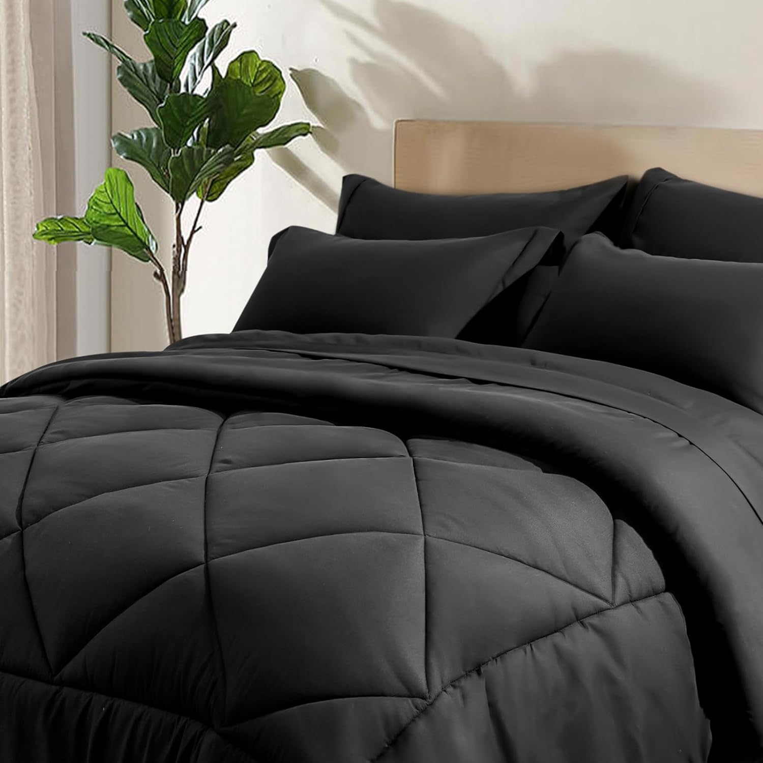 PHF 7 Pieces Queen Comforter Set Black, Bed in a Bag Comforter & 18 Sheet Set All Season, Ultra Soft Noiseless Bedding Sets with Comforter, Sheets, Pillowcases & Shams