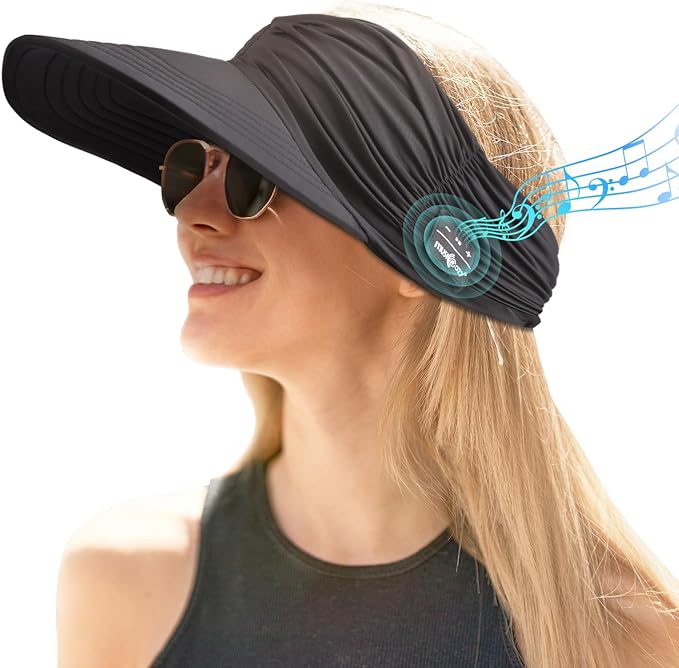 MUSICOZY Sun Visor Hats with Bluetooth Headphones Beach Hats Visor Hats for Women UV Protection for Sports Golf Tennis Running Black