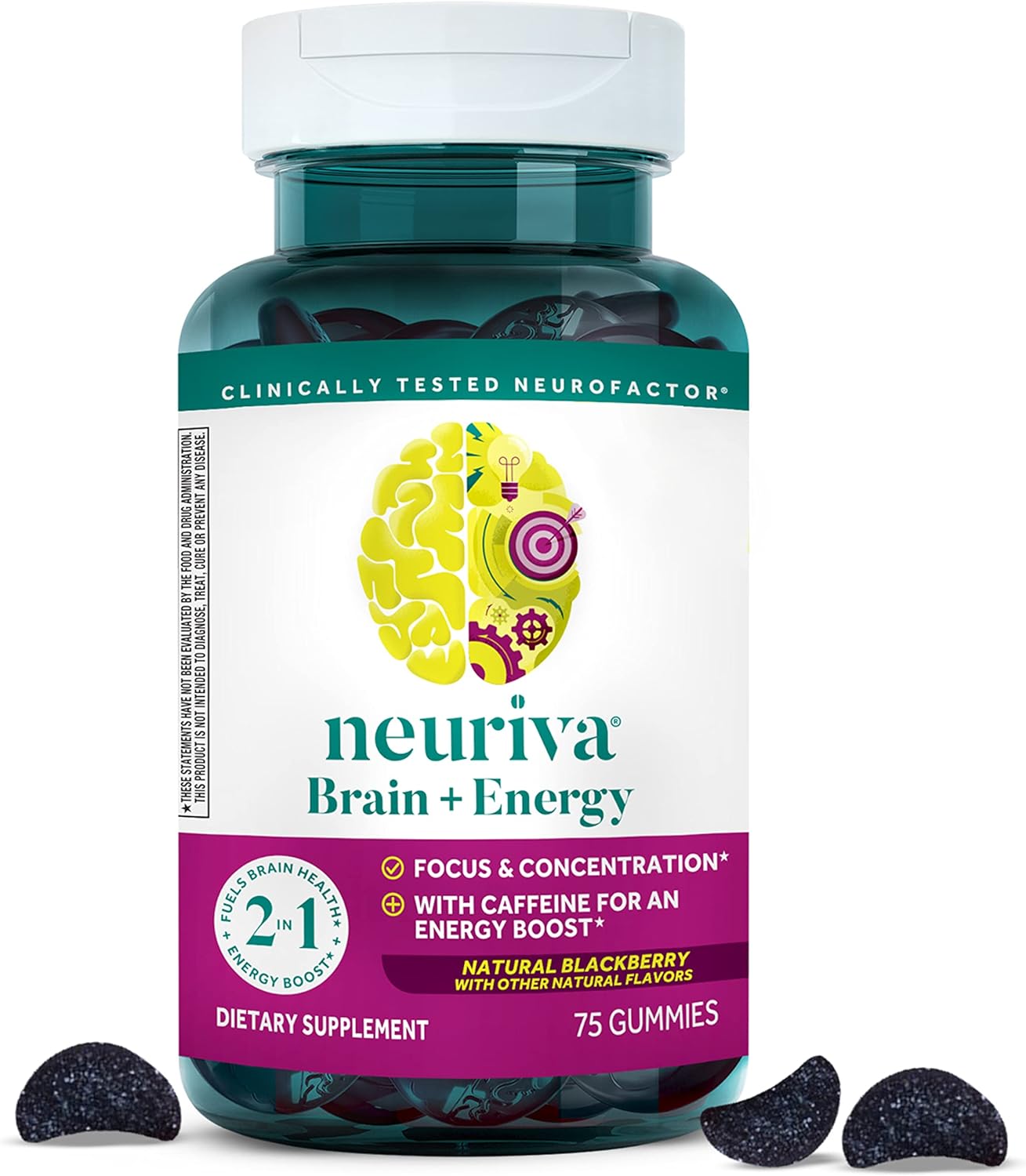 NEURIVA Brain   Energy Gummies, Nootropic Brain Supplements for Focus and Concentration with Neurofactor, Vitamin B12 & Caffeine for an Energy Boost*, 75ct Natural BlackBerry