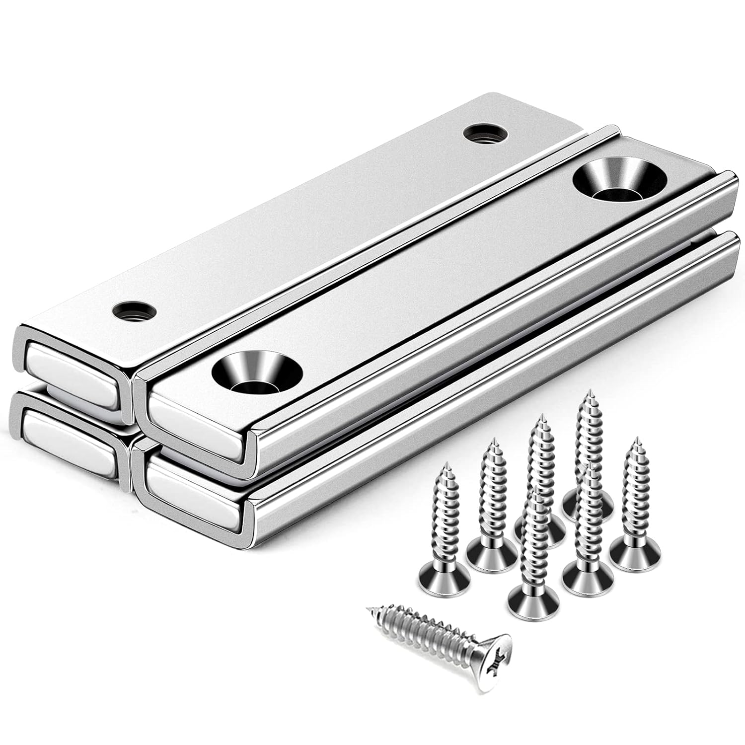 Strong Neodymium Rectangular Pot Magnets with Counter Bore, 70LBS(32 KG) Pulling Force Countersunk Hole Magnets with Mounting Screws - 60x13.5x5mm, Pack of 4