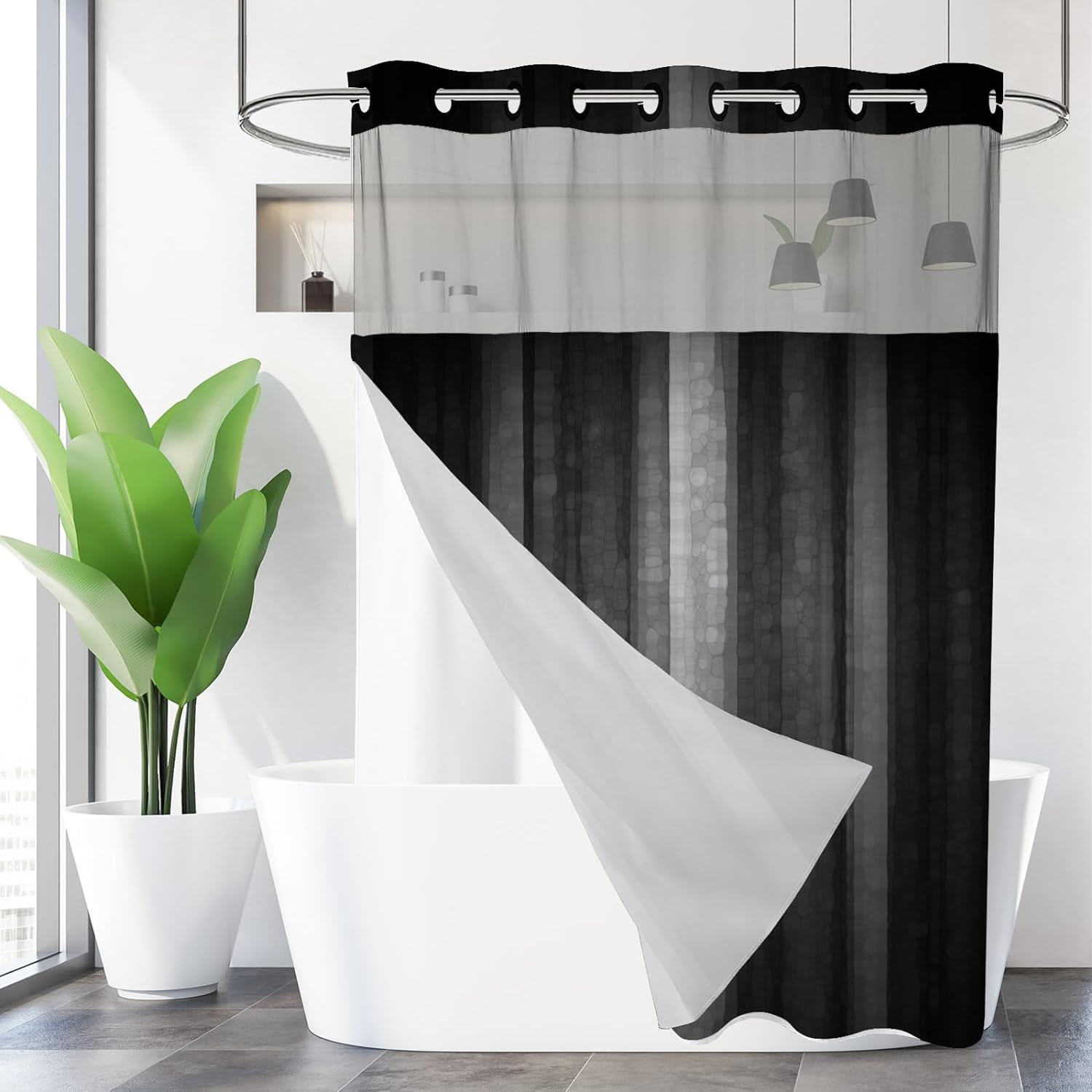 Gibelle No Hook Shower Curtain with Snap-in Fabric Liner Set for Bathroom, Hotel Style with See Through Top Window, Waterproof & Washable, Black Striped, 72x74