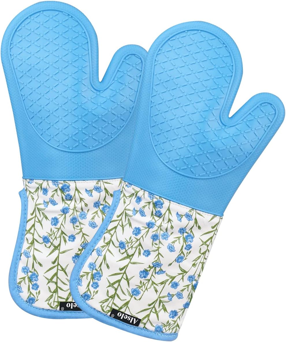 Silicone Oven Mitts Heat Resistant 932 with Waterproof & Non-Slip Kitchen Mittens, Set of 2 Extra Long Oven Gloves with Soft Quilted Cotton Lining for Baking Cooking Barbecue