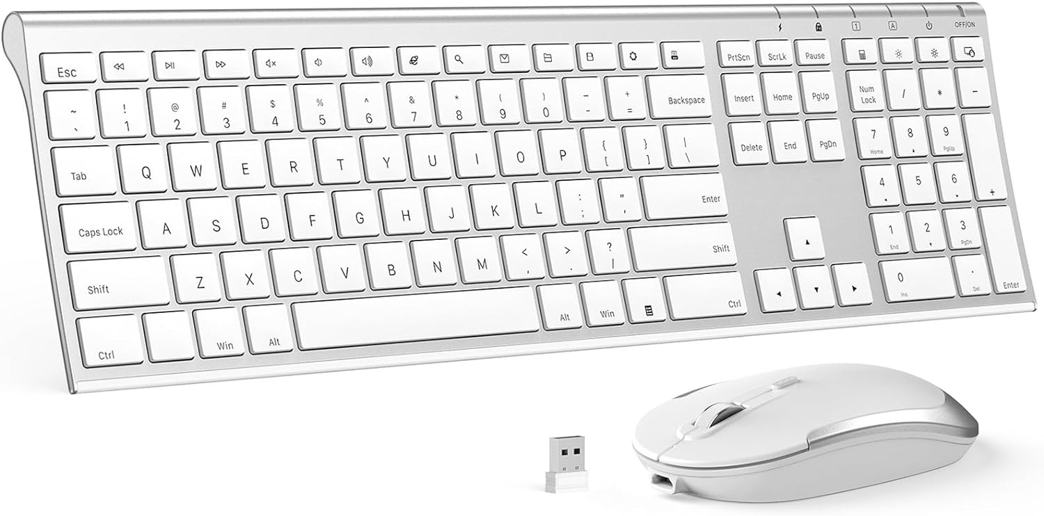 Wireless Keyboard and Mouse Combo, Rechargeable, Ergonomic, Full-Size with Number Pad, 2.4GHz USB Aluminum for Windows, Laptop, PC, Desktop -White Silver