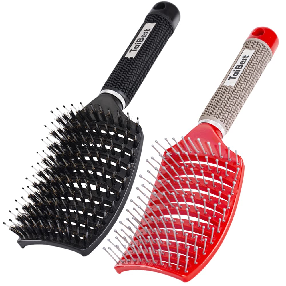 Boar Bristle Hair Brush Set - Dry/Wet Hair Brush Detangler for Fine, Thick, Curly Hair - Curved and Vented Hair Brush for Women, Men or Kids