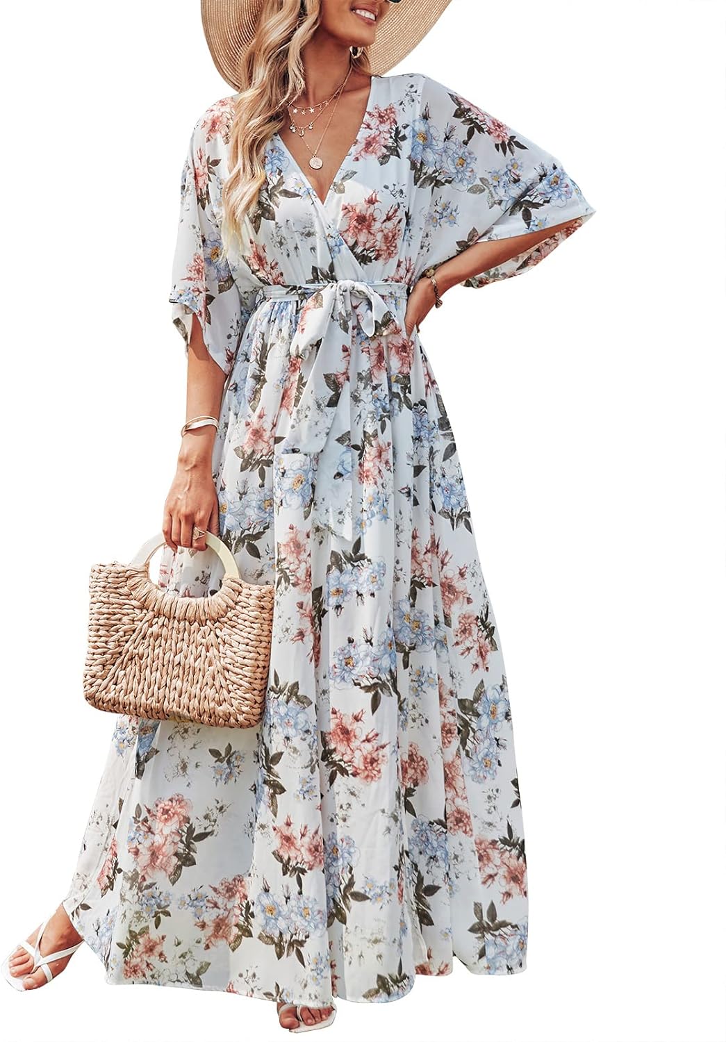 ANRABESS Womens Summer Loose Boho Flowy Wrap V Neck 3/4 Sleeve Floral Print Slit Beach Wedding Guest Long Maxi Dresses 2024