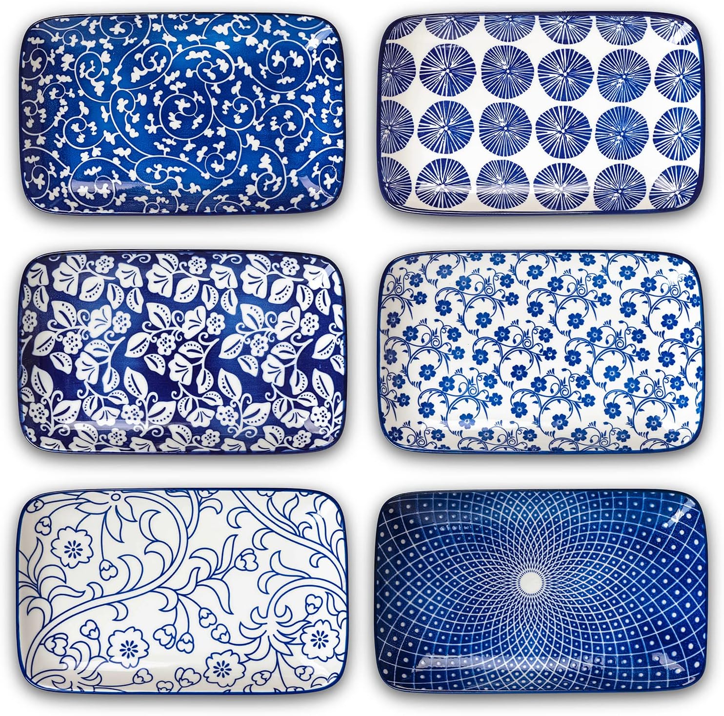 Selamica Ceramic 8 inch Rectangular Salad Plates, Dinner Plates, Pasta Dessert Plates Serving Trays for Appetizer, Sushi, Fruit - Microwave/oven/Dishwasher Safe, Set of 6, Vintage Blue