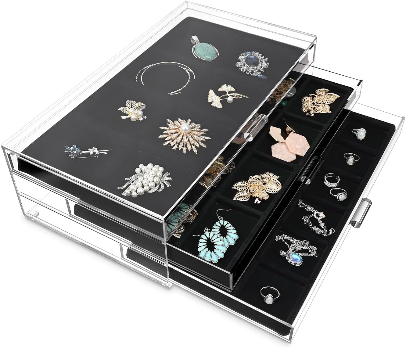 Ikee Design Large Premium Acrylic Jewelry Organizers with 3 Drawers, Acrylic Jewelry Box, Jewelry Display Organizer, Ideal for Vanity,Bathroom,Desktop,14.5 W x 8.25 D x 4.5 H in (Pad Excluded)