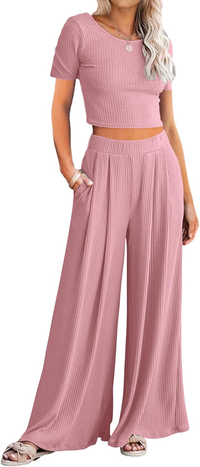 BTFBM Women Summer 2024 Two Piece Casual Outfits Lounge Set Ribbed Knit Bodycon Crop Top Long Pants Tracksuits Sweatsuit