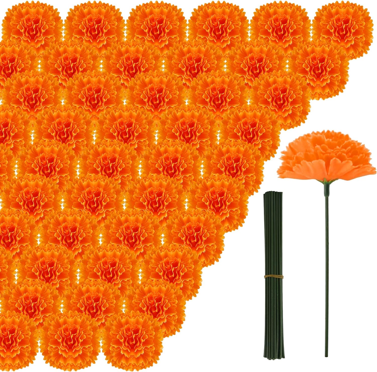 50Pcs Artificial Marigold Flower Heads, Silk Marigold Heads Bulk Fake Flowers for Dia De Los Muertos Decor DIY Marigold Garland Day of The Dead Decorations