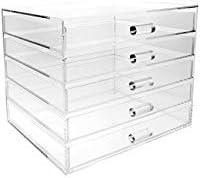 Ikee Design Large Premium Acrylic Jewelry Organizers with 5 Drawers, Acrylic Jewelry Box, Jewelry Display Organizer, Ideal for Vanity,Bathroom,Desktop, 8.5W x 7.25D x 7.25H in (No Pad includes)