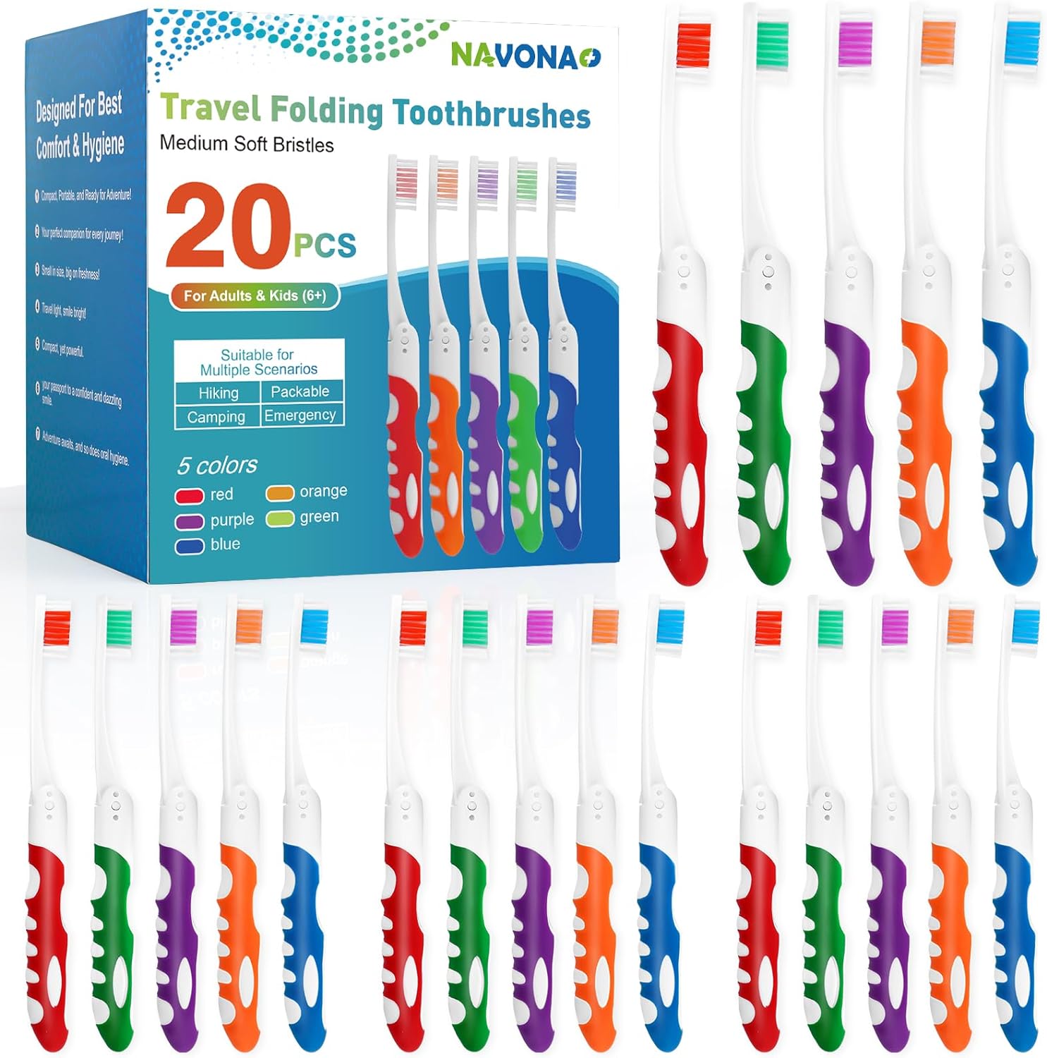 Navona 20 PCS Travel Toothbrushes,Folding Toothbrushes, Individually Wrapped, Medium Soft bristles, Portable Toothbrush for Camping, Hiking, Traveling, School, and Home Supplies