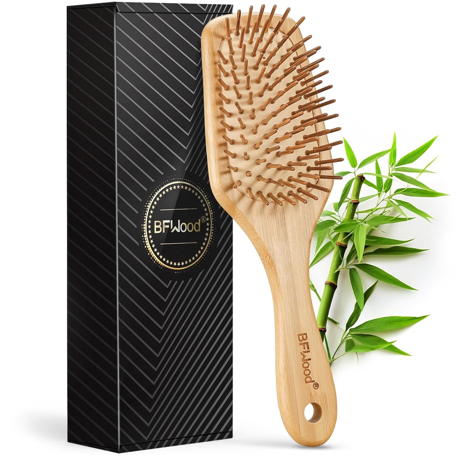 BFWood Bamboo Paddle Hairbrush with Bamboo Bristles for Massaging Scalp