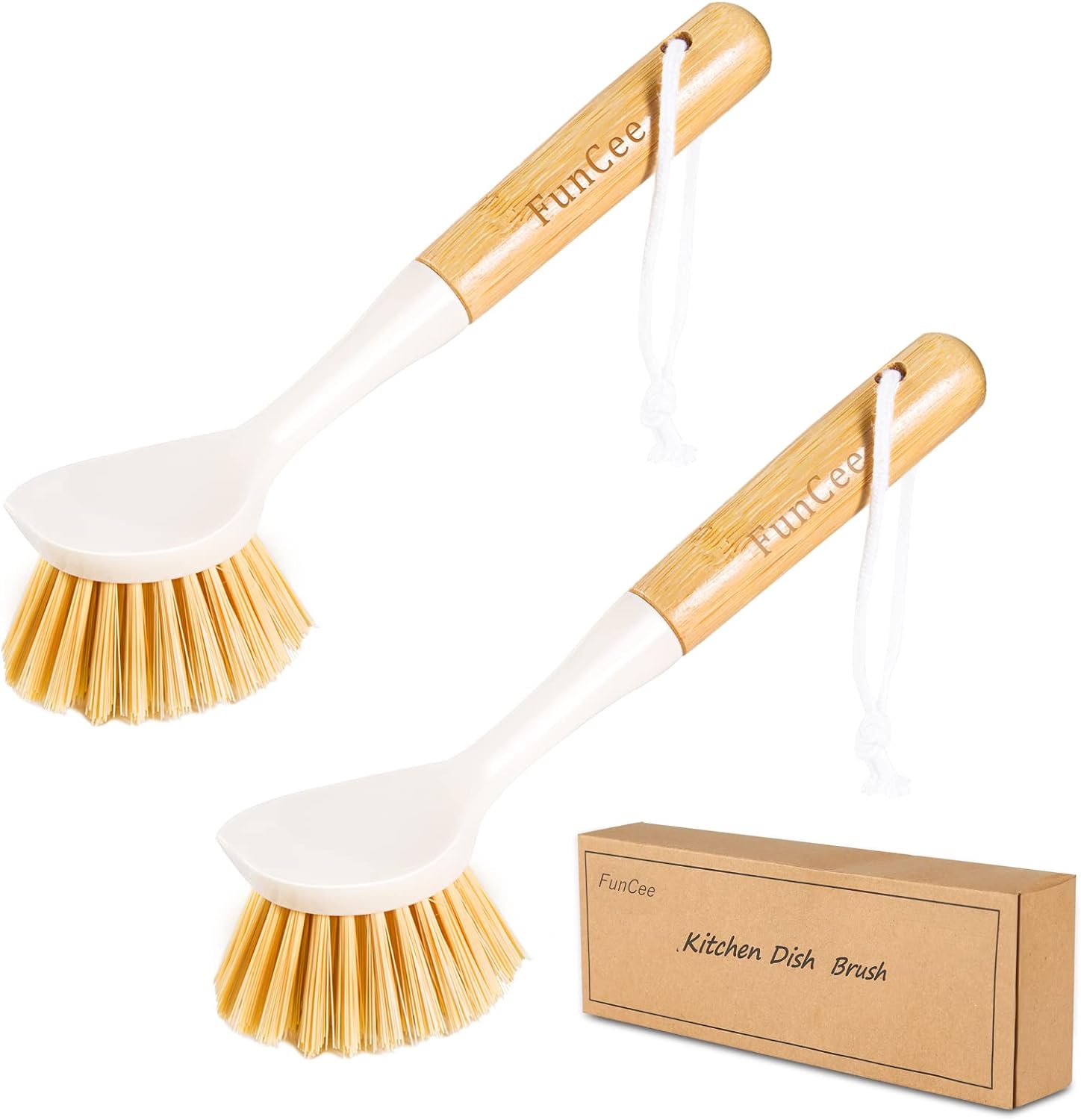 2 Pack Kitchen Dish Brushes with Bamboo Handle, Dish Scrubber Built-in Scraper, Scrub Brush for Pans, Pots, Counter & Kitchen Sink Cleaning, Dishwashing and Cleaning Brush Tools, White