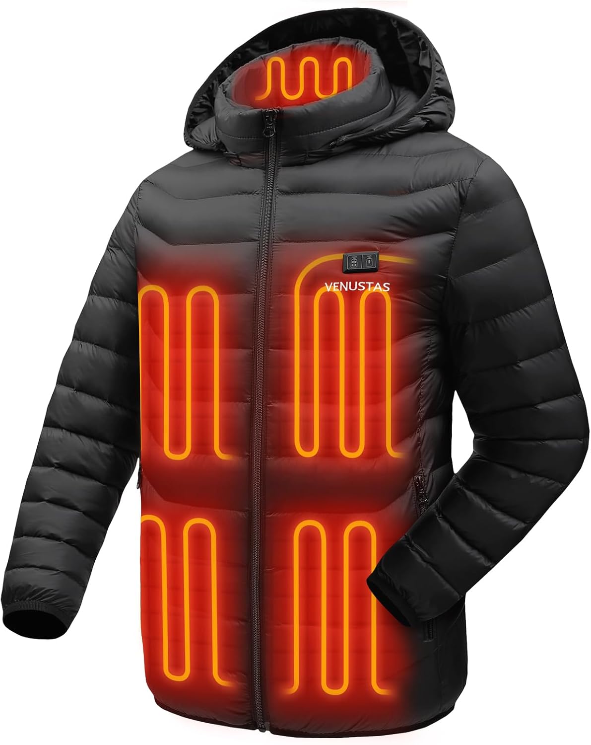 Venustas Heated Jacket with Battery Pack 7.4V (Unisex), 6 heat zones, Heated Coat for Women and Men with Detachable Hood