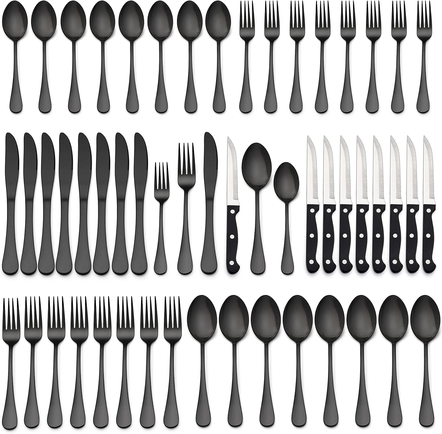 LIANYU 48-Piece Black Silverware Set with Steak Knives, Stainless Steel Flatware Cutlery Set for 8, Modern Eating Utensils Tableware, Mirror Finish, Dishwasher Safe