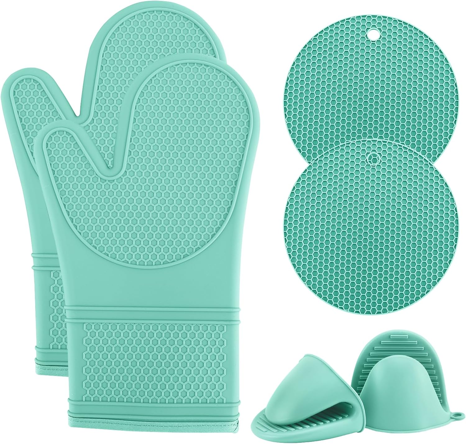 COOK WITH COLOR Silicone Oven Mitt Set- 6 PC. Set - Heat Resistant Gloves with Soft Quilted Lining Set of 2 Oven Mitt Pot Holders, 2 Silicone Trivets, 2 Fingertip Mitss for Cooking and BBQ (Mint)