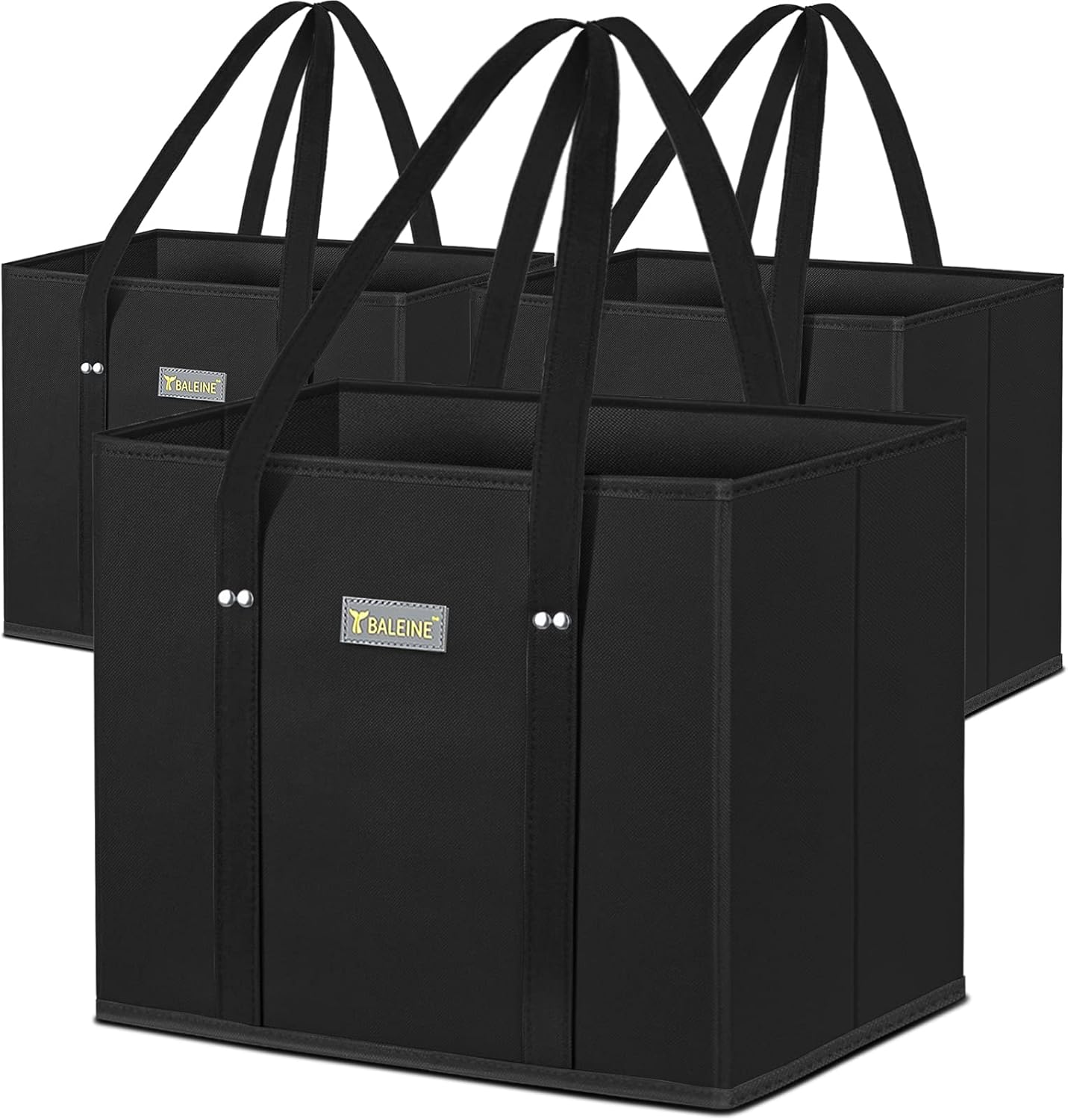 BALEINE 3Pk Reusable Grocery Bags, Foldable Shopping Bags for Groceries with Reinforced Bottom & Handles (Black)