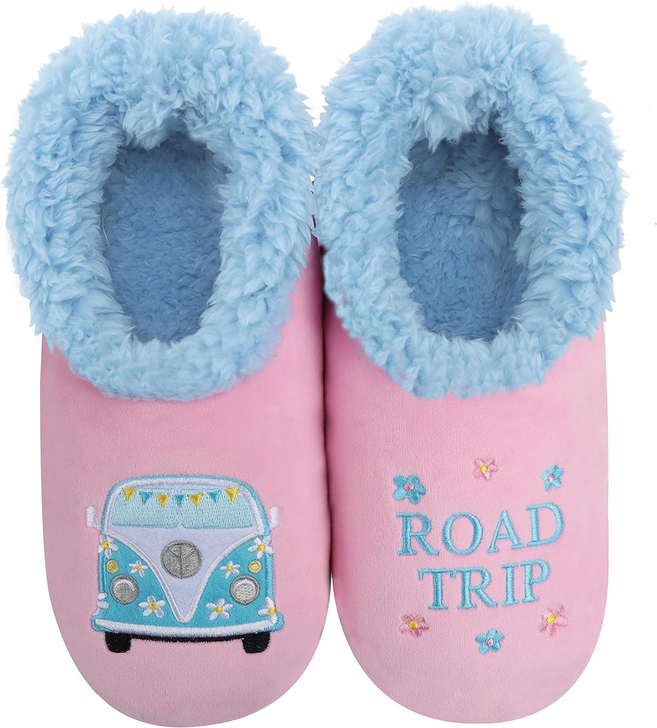 Snoozies Pairable Slipper Socks - Funny House Slippers for Women, Non-Slip Fuzzy Slipper Socks - Road Trip - Medium