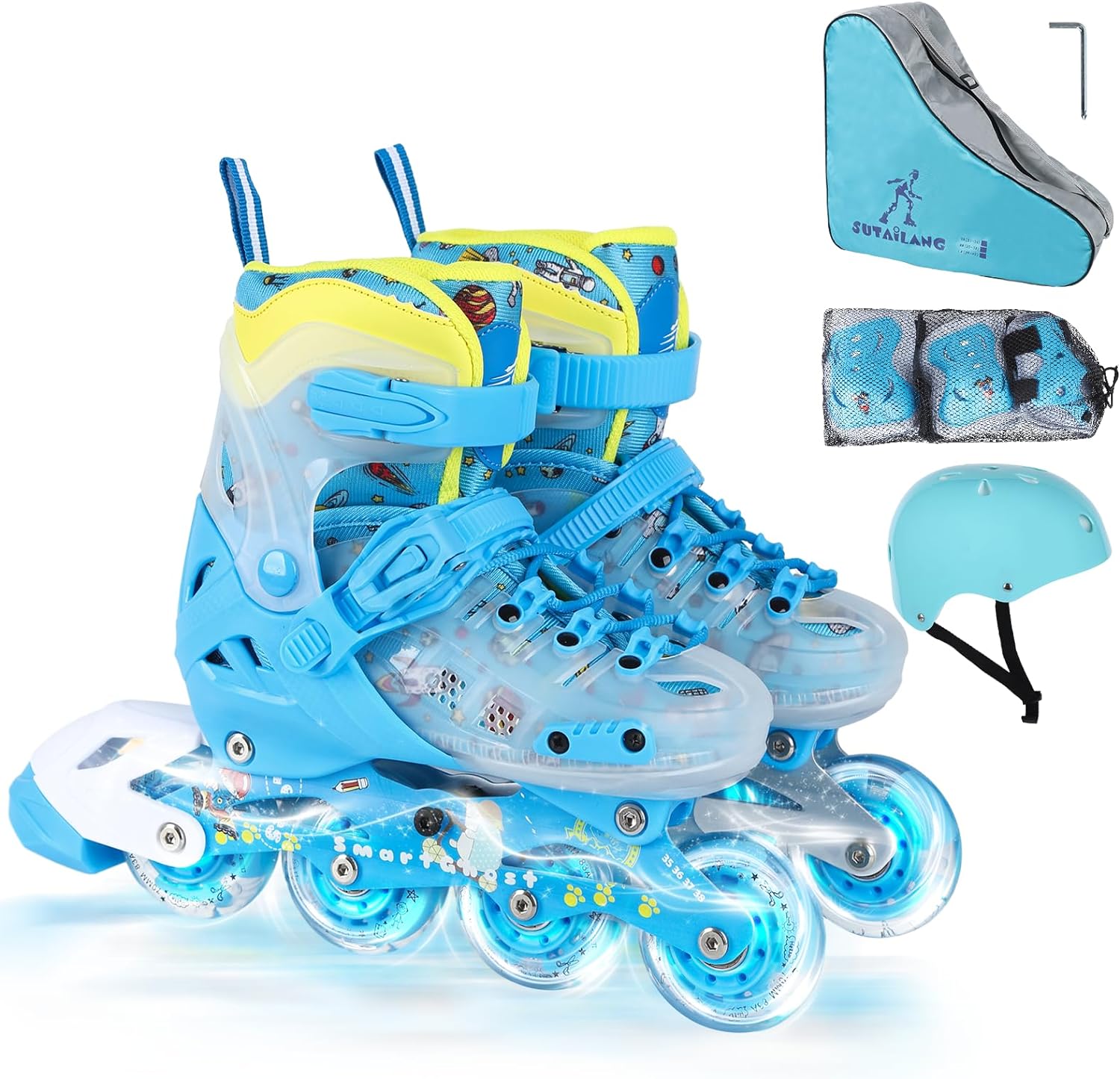 Inline Skates, Adjustable Children Inline Skates with Light up Wheels for Kids, Girls, Boys, Teens, Beginner & Advance | with Protective Gears and Carry Bag