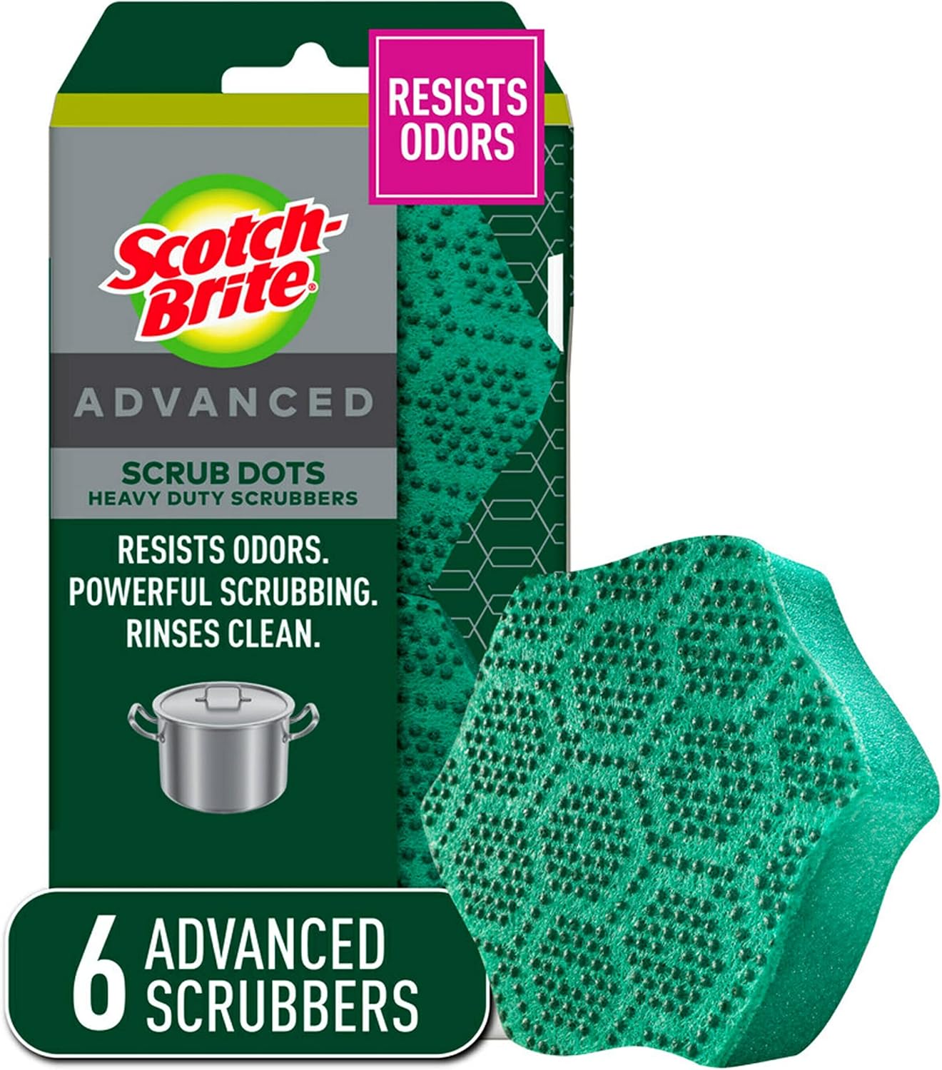 Scotch-Brite Scrub Dots Advanced Heavy Duty Sponges for Cleaning Kitchen, Bathroom, and Household, Heavy Duty Safe for Non-Coated Cookware, 6 Scrubbing Sponges