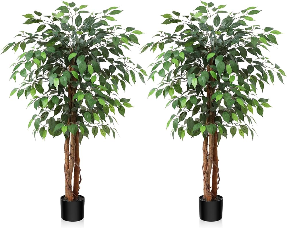 4FT Artificial Ficus Tree with Natural Wood Trunk and Realistic Leaves, Silk Faux Ficus Tree for Home Decor Indoor, Tall Green Fake Plant with Pot for Office Living Room Outdoor, Set of 2