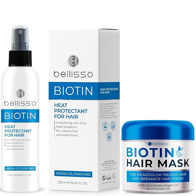 BELLISSO Biotin Hair Mask and Biotin Heat Protectant Spray for Hair with Moroccan Argan Oil