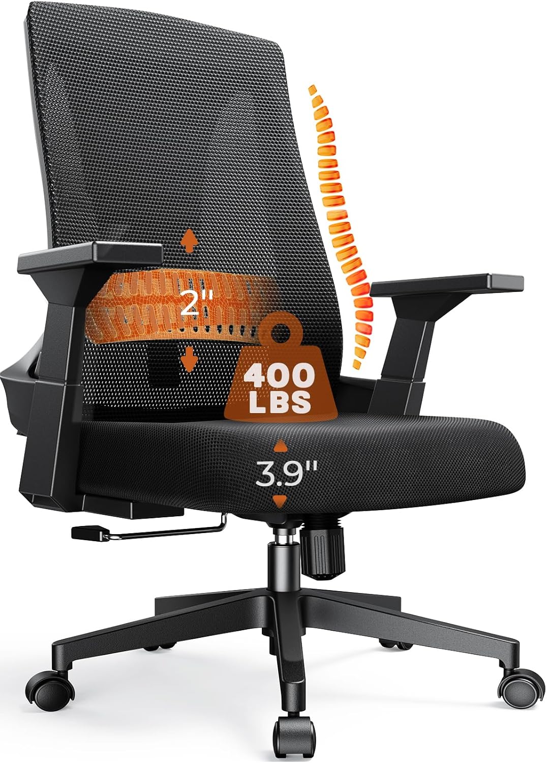 CAPOT Ergonomic Office Chair 400lbs Capacity - 3.9-inche Cushion and Tall Back Computer Desk Chair Breathable Mesh - Comfortable Swivel Office Chair with Adjustable Lumbar Support