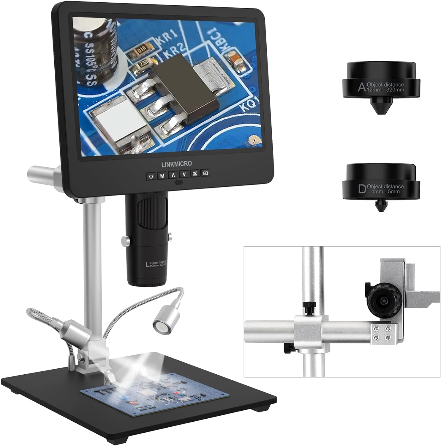 LM249MS 3 Lens 10.1 HDMI Digital Microscope 2000X Electronic Soldering Microscope Camera, 13 Arm Boom Stand, UHD 2160P USB Coin Microscope Full View Coins, Windows Compatible