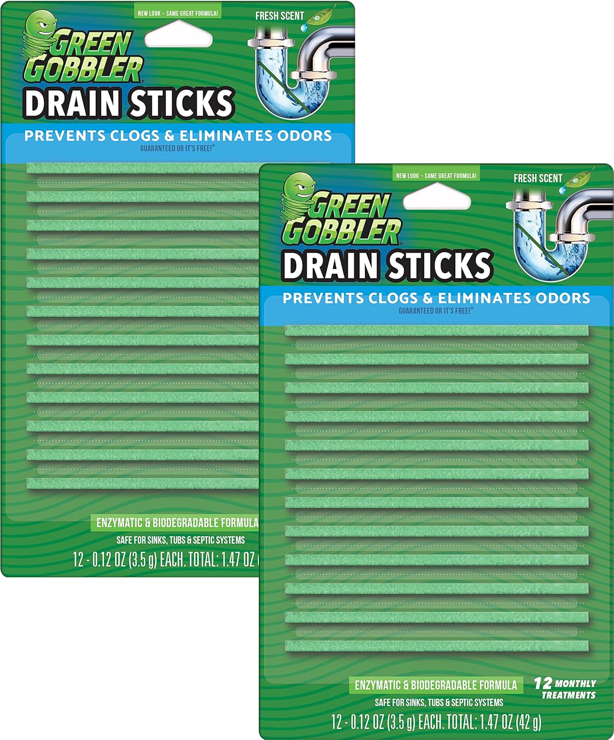 Green Gobbler Drain Cleaner & Deodorizer FRESH SCENT Sticks for Toilet Tanks, Sinks, Bathtub Drains, Washing Machine Drains and Garbage Disposals - 24 Pieces