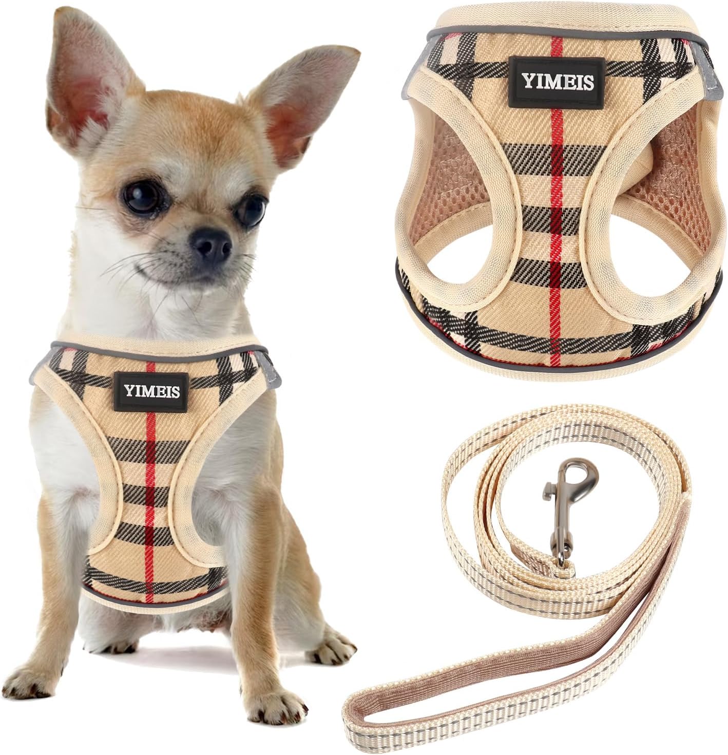 YIMEIS Dog Harness and Leash Set, No Pull Soft Mesh Pet Harness, Reflective Adjustable Puppy Vest for Small Medium Large Dogs, Cats (Beige, Medium (Pack of 1)