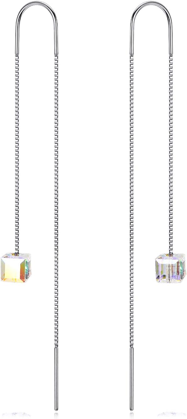 AOBOCO Heart/Butterfly/Cube Threader Dangle Drop Earrings - 925 Sterling Silver Long Chain Earring for Women Baroque Hook Drop Earrings Crystals from Austria