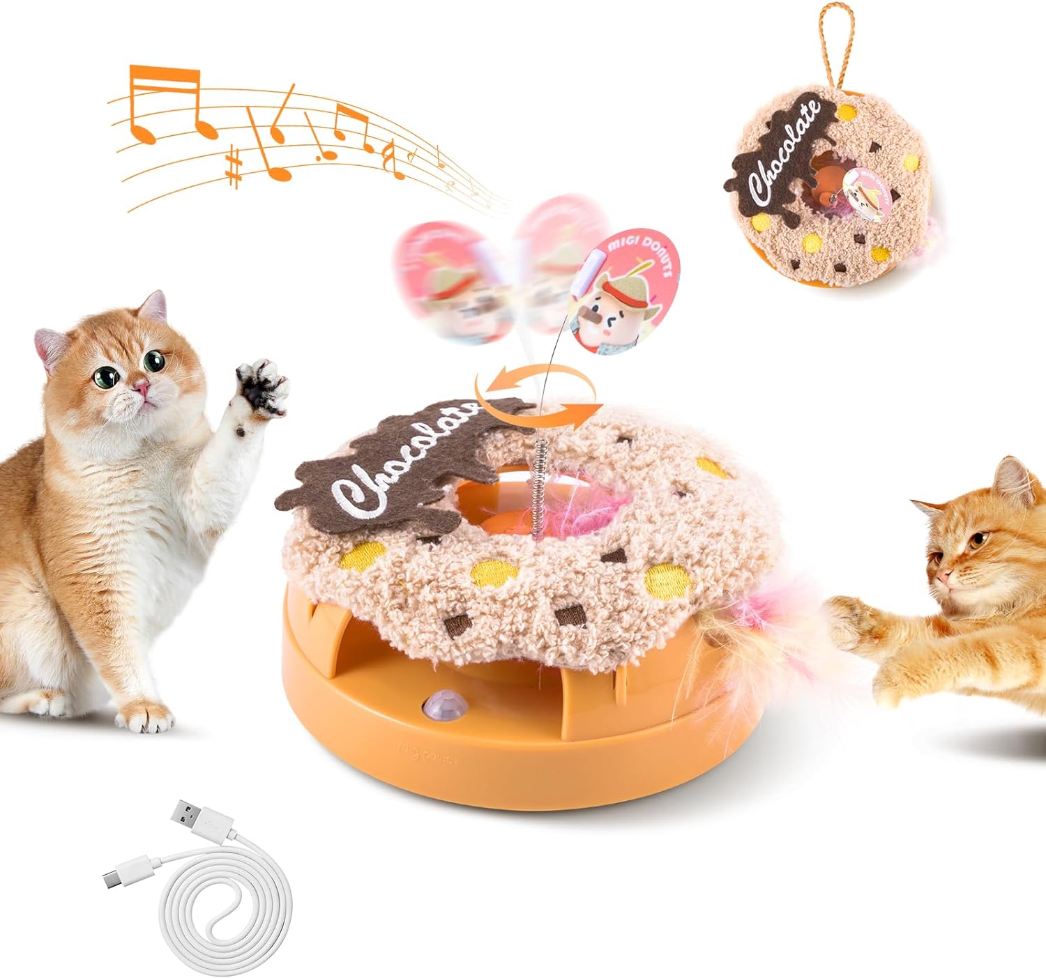 Migipaws Interactive Cat Toys, Automatic Frenzy Donut cat Toy with Moving Feather,Catnip, Squeaking for Indoor Cats Rechargeable (Chocolate)