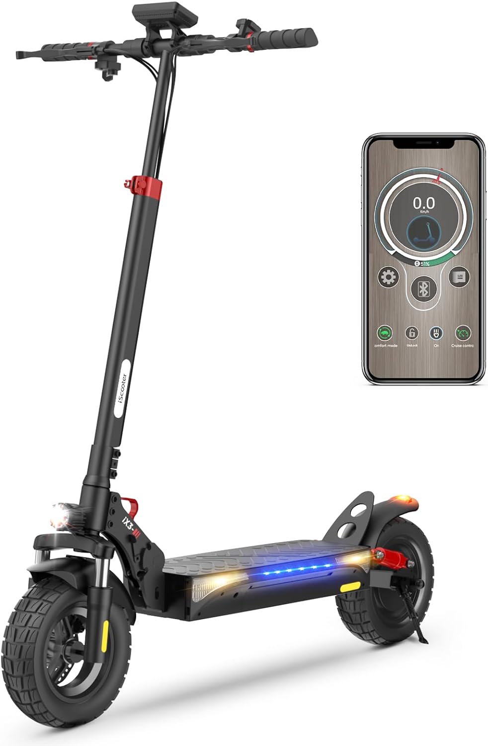 iScooter iX3 Electric Scooter,10 Off Road Pneumatic Tires,800W Motor E-Scooter Up to 25 Miles Range, Top Speed 25MPH, Adjustable Handlebar Height, Folding Commuting Electric Scooter for Adults